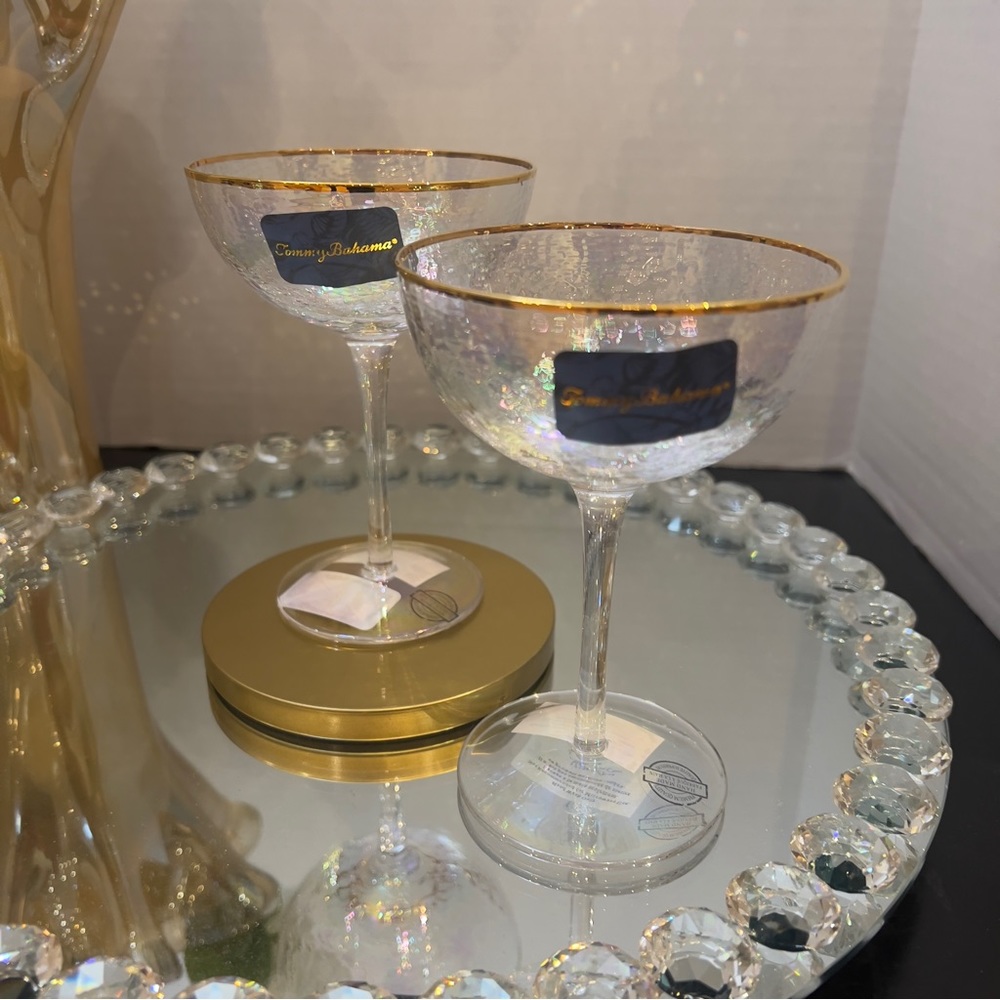 Tommy Bahama Iridescent Coupe Champagne Cocktail Glasses Gold Rim Set of 2 New